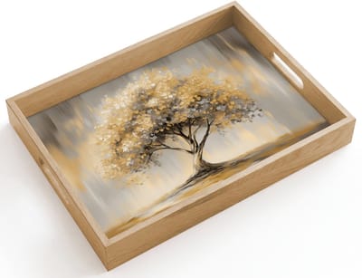 Dienblad hout 40x30 cm - Schootdienblad - Schilderij - Boom - Abstract - Bladeren - Borrelplank rechthoek - Plateau dienbladen