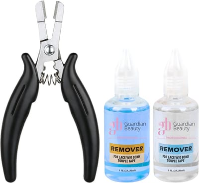 Guardian Beauty Pruikentape Remover Set - For Lace Wig Bond and Toupee Tape - Blauw, Transparant - 2 stuks - 30ml - Met Microringen Tang - Haar Extensions
