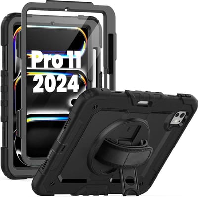 Hoes met ingebouwde Screenprotector Geschikt voor iPad Pro 11 (2024/2025) | Inclusief 360° Draaibare Handriem en Schouderriem | Extreme bescherming | Ideaal voor zakelijk gebruik | Zwart