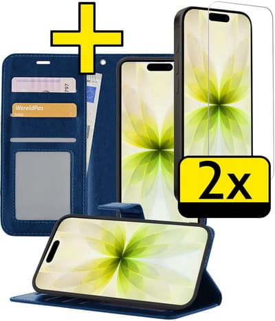 Hoesje - Met 2x Screenprotector - Geschikt voor Apple iPhone 17 - Luxe Pasjeshouder - Bookcase Portemonee - Flip Case - Kunstleer Book Case - Flipcase Hoes - Book Cover - Walletcase - Portemonneehoes - Telefoonhoesjes - Donkerblauw
