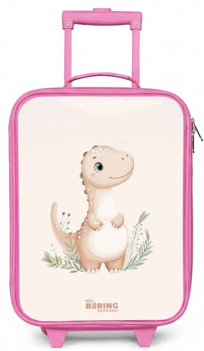 NoBoringSuitcases.com® - Kinderkoffer roze - Kindertrolley meisje - Beige dinosaurus met groene blaadjes - Koffer kind lichtgewicht - Reiskoffer trolley voor kinderen - Koffertje met lichtgevende wieltjes - Rolkoffer