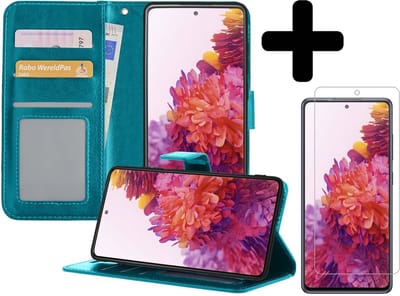 Hoesje - Met Screenprotector - Geschikt voor Samsung Galaxy S20 FE - Luxe Pasjeshouder - Bookcase Portemonee - Flip Case - Kunstleer Book Case - Flipcase - Book Cover - Walletcase - Portemonneehoes - Telefoonhoesjes - Turquoise