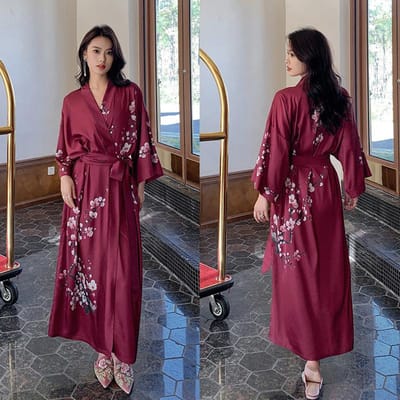 Grote Maten Dames Lange Badjas Nachtkleding Print Bloem Kimono Badjas Gewaad Loungewear Lente Zomer Losse Casual Satijnen Huisjurk One size