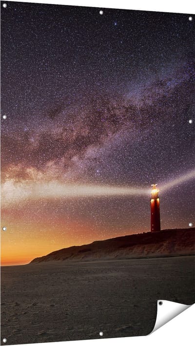 Gards Tuinposter Vuurtoren Texel in de Nacht - 100x150 cm - Tuindoek - Tuindecoratie - Wanddecoratie buiten - Tuinschilderij