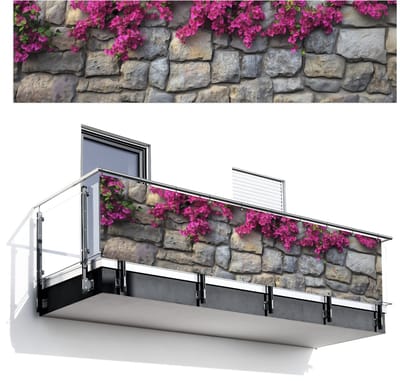 Balkonscherm 300x80 cm - Balkonposter Bougainvillea - Stenen Muur - Roze - Balkon scherm decoratie - Balkonschermen - Balkondoek zonnescherm