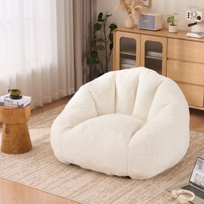 Grote zitzak voor volwassenen - Loungestoel met rugleuning - Voorgevuld en montagevrij - Zachte imitatiebont bekleding – 111 x 123 x 75 cm – Crème