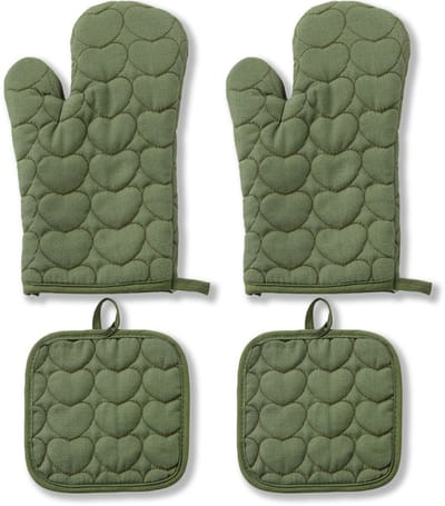 Vierdelige hittebestendige handschoenenset - Hittebestendige keukenhandschoenen en hittebestendige mat set - Hartvormige handschoenen en hittebestendige mat - Geschikt voor keukens, bakken en grillen - Groen
