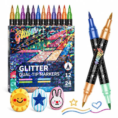 12-kleuren acrylstiften met twee uiteinden en glitter - zachte punt voor tekenen en decoreren - basisverpakking