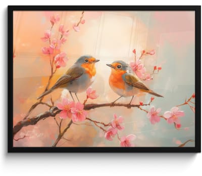 Poster in lijst - Fotolijst 70x50 cm - Posters - Roodborstjes - Sierlijk - Bloesemtak - Posterlijst zwart - Decoratie - Wanddecoratie woonkamer - Muurdecoratie slaapkamer