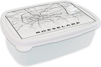 Broodtrommel Wit - Lunchbox - Brooddoos - Zwart Wit – België – Plattegrond – Stadskaart – Kaart – Roeselare - 18x12x6 cm - Volwassenen