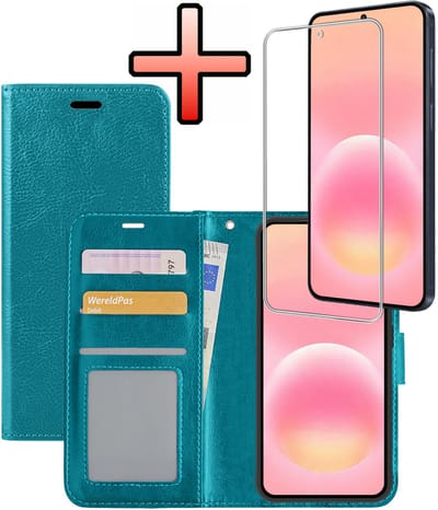 Hoesje - Met Screenprotector - Geschikt voor Samsung Galaxy A57 - Luxe Pasjeshouder - Bookcase Portemonee - Flip Case - Kunstleer Book Case - Flipcase - Book Cover - Walletcase - Portemonneehoes - Turquoise