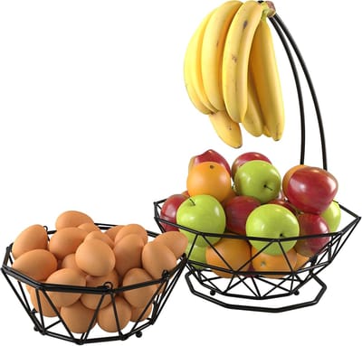 Fruitmand met hanger - Fruitschaal broodmand - Keuken opbergen - 2-laags ontwerp - Zwart