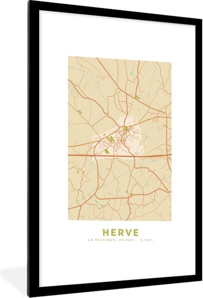 Fotolijst incl. Poster - Stadskaart - Retro - Herve - Plattegrond - Kaart - 60x90 cm - Posterlijst