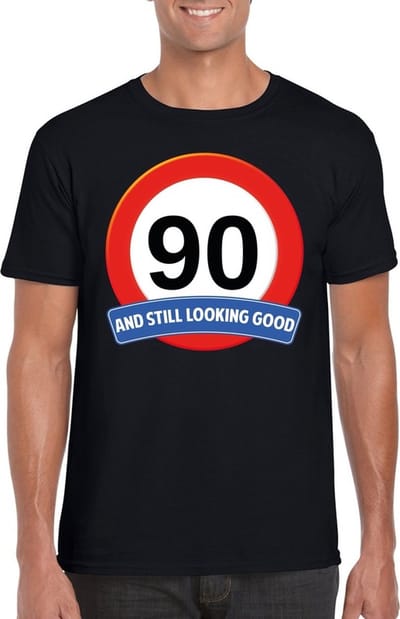 90 jaar and still looking good - t-shirt met verkeersbord print - zwart - voor heren - verjaardag cadeau - party - feestartikelen 90 jarige S