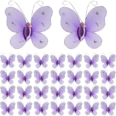ONF3 - Stoffen Vlinders - Decoratieve Vlinders - Perfect voor DIY - Paars - Glitter Vlinders - Muurdecoratie - Geschikt voor Feestjes - 60 Stuks