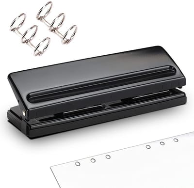 6-voudige perforator voor DIN A5, 6-ring ordner, bureauperforator met verstelbare afstanden voor A4, A6, papierkaarten en foto-binding