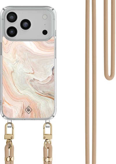 Casimoda® hoesje met beige koord - Geschikt voor iPhone 17 Pro Max - Marmer Waves - Afneembaar koord - TPU/polycarbonaat - Bruin/beige