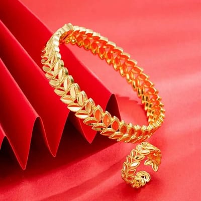 Dubai Vergulde Sieradenset Voor Vrouwen Brede Blad Manchet Armband Vingerring S Set Bruiloft Bruids Sieraden Cadeaus red