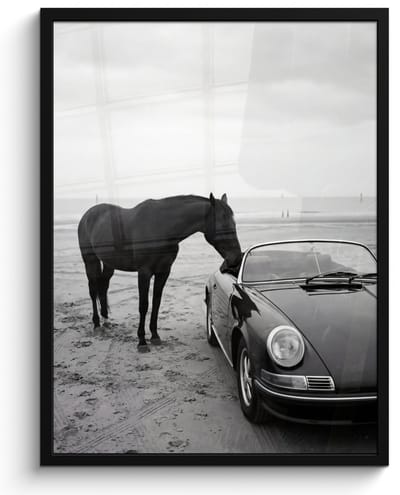 Poster in lijst - Fotolijst 60x80 cm - Posters - Paard - Auto - Zwart - Wit - Posterlijst zwart - Decoratie - Wanddecoratie woonkamer - Muurdecoratie slaapkamer
