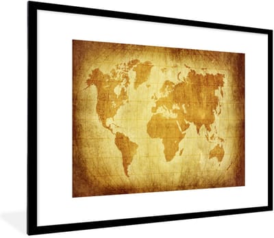 Poster in lijst - Fotolijst 80x60 cm - Posters - Wereldkaart - Vintage - Bruin - Posterlijst zwart - Decoratie - Wanddecoratie woonkamer - Muurdecoratie slaapkamer
