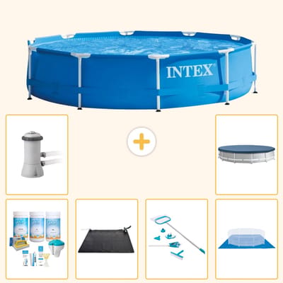 Intex Rond Frame Zwembad - 366 x 76 cm - Blauw - Inclusief Onderhoudspakket - Solar Mat - Schoonmaakset - Grondzeil - Zwembadfilterpomp - Afdekzeil - 7-delig