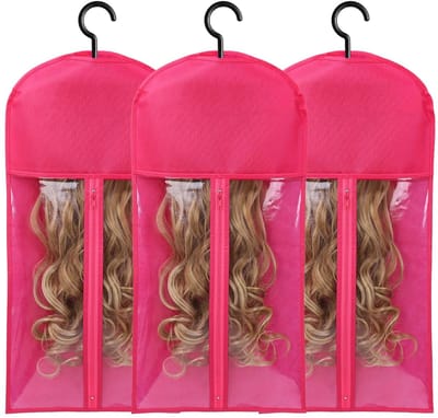 3 stuks extra lange haarextensiehouders - Opbergtassen en hangers voor pruiken en accessoires - 60 cm - Roze rood