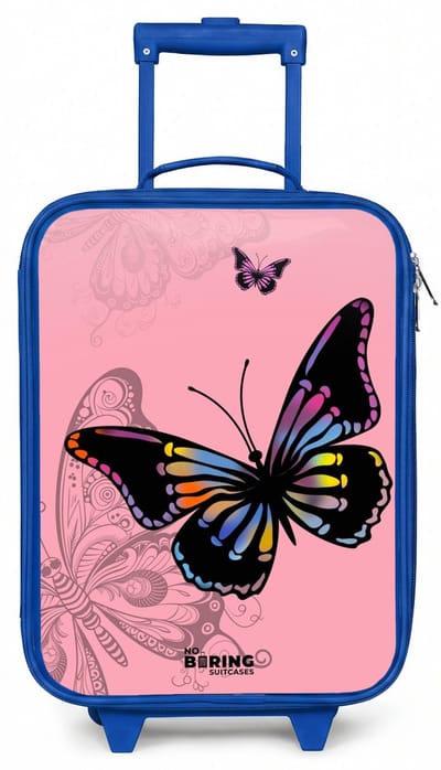 NoBoringSuitcases.com® - Kinderkoffer blauw - Kindertrolley jongen - Bubblegum butterfly - Koffer kind lichtgewicht - Reiskoffer trolley voor kinderen - Koffertje met lichtgevende wieltjes - Rolkoffer