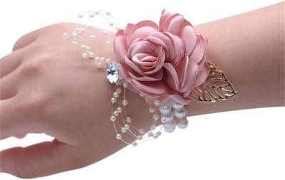 Pols Corsage Bruiloft - Bruidsmeisje Bloem - Feestelijke Decoratie - Met Kunstparels - Elastische Band - Goudkleurig