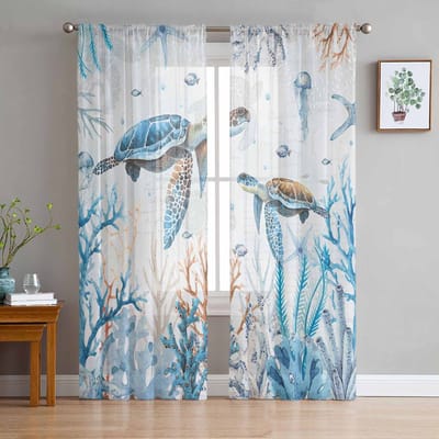 Marine Koraal in Zomer Tule Raamgordijnen voor Slaapkamer Luxe Huisdecoratie Draperieën in Woonkamer Chiffon Panelen 135W x 114H(cm) white