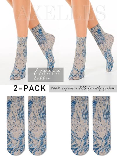 Linnen sokken floraal patroon (ECO), 2-PAAR blauw, maat 36/39.