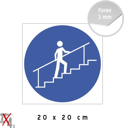Pictogram/ bord | Trapleuning vasthouden | 20 x 20 cm | Trappen | Roltrap | Gevaar | Stairs | Treden | Traphal | Blauw | 1 stuk