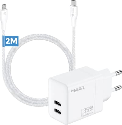 Phreeze usb C oplader met 2m kabel geschikt voor iPhone en iPad met Lightning kabel - Power Delivery snellader met 2 usb C poorten - GaN charger
