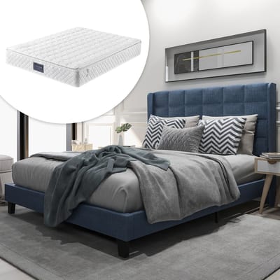 MEUNIQ gestoffeerd tweepersoonsbed 140x200 cm met hoog hoofdbord, lattenbodem en pocketveringmatras, bedframe voor slaapkamer, blauw