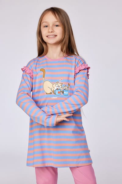 Woody pyjama dames - blauw/roze gestreept - kat - 252-10-BLB-S/911 - maat S