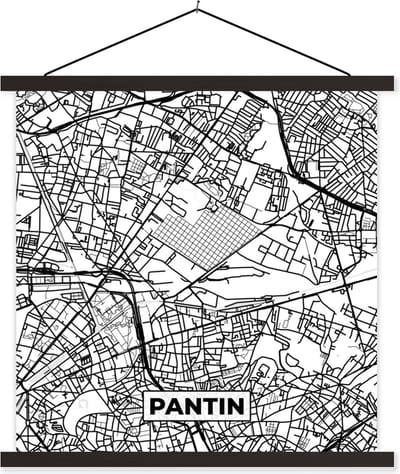 Posterhanger incl. Poster 60x60 cm - Schoolplaat - Frankrijk - Plattegrond - Pantin - Stadskaart - Kaart - Zwart wit - Textielposter - Zwarte latten - Stadskaart
