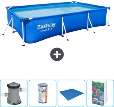 Bestway Rechthoekig Steel Pro Zwembad - 300 x 201 x 66 cm - Blauw - Inclusief Pomp Filter - Grondzeil - Zwembadgids