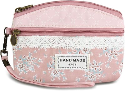 Vrouwelijke mini muntentas met 2 ritsvakken, bloemenpatroon, katoen, ideaal voor kleingeld en munten, trendy en praktisch in roze