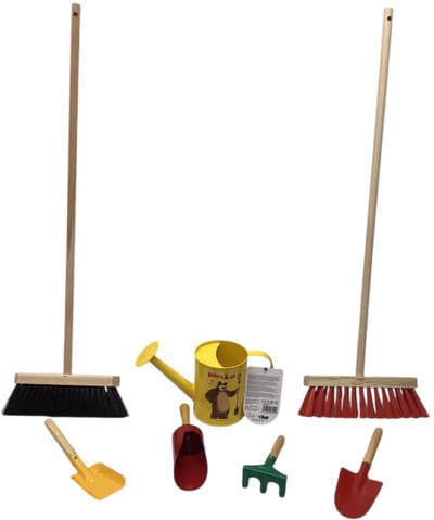 Tuingereedschap - Kinderset - Bezem - zachte bezem - gieter - zandschepje - harkje - en 2 mini schepjes