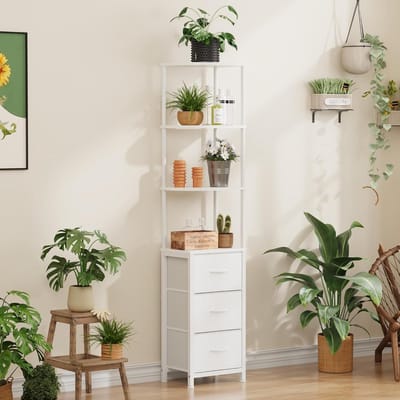 Hoek Boekenkast met 3 stoffen lades, hoog smal hoekrek voor slaapkamer, woonkamer, smal rek met opbergruimte, wit, 172 cm