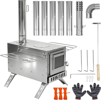 unho Houtkachel voor Camping & Outdoor - RVS Tentkachel - Draagbare Kampeerkachel inclusief 7 Rookkanalen, Hitteschild & Aslade - Voor Tent, Bushcraft & Tuin