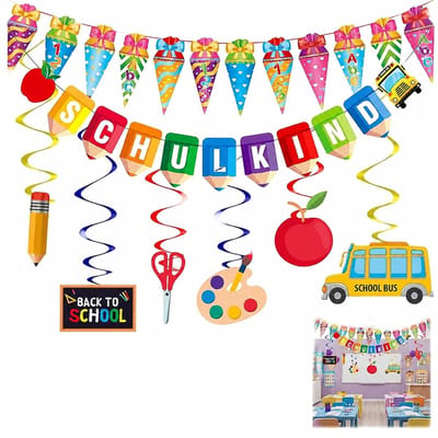 Dailygoods- Decoratieset Kleurig - Banner/School Cone Krans - Vlaggenlijn/Spiraaldecoraties - Eerste Schooldag - Feest Decoratie - Klaskamer Versiering - Feestdecoratie