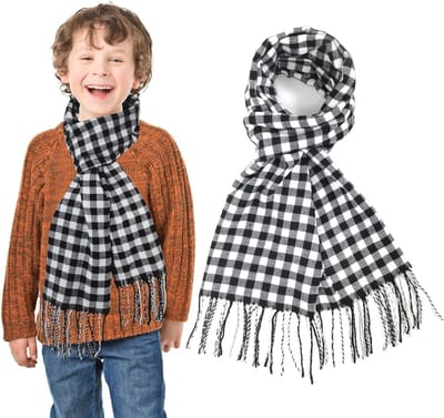 Jongens Sjaal Tartan in Zachte Faux Kasjmier, Geruite Lange Sjaal met Kwastjes voor Winter, Ideaal als Neck Warmer voor Kinderen in Zwart Wit