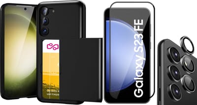 Hoesje met Pasjeshouder geschikt voor Samsung Galaxy S23 FE - Screenprotector FullGuard & Camera Lens Screen Protector Zwart - Back Cover SlideCase Zwart