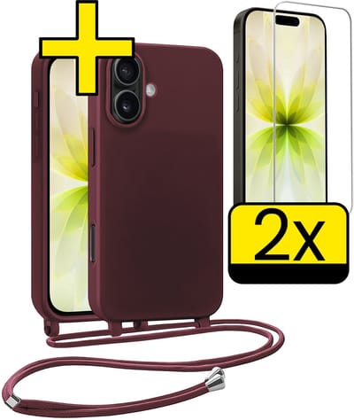 Hoesje Geschikt voor iPhone 17 Hoesje Met Koord Met 2x Screenprotector Siliconen Case - Hoes Geschikt voor iPhone 17 Backcover Met Afneembaar Koord - Aubergine