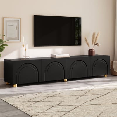 OKWISH Tv Meubel – 180×35×40 Cm – 4 Deuren Met Boogreliëf – Opbergruimte Voor Woonkamer – Minimalistisch – MDF En Spaanplaat Zwart