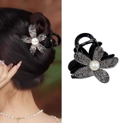 Prachtige Uitgesneden Bloem Haarclip voor Dames met Schitterende Diamanten, Nieuw 2024 Ontwerp, Elegante Haaienklem voor Opgestoken Haar. black