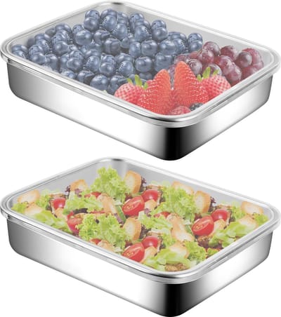 Set van 2 vers voedseldozen, roestvrijstalen voedselcontainers, kaascontainers met deksel, luchtdicht, herbruikbaar, stapelbaar, vaatwasser, voor vlees, kaas, fruit en groenten (groot)
