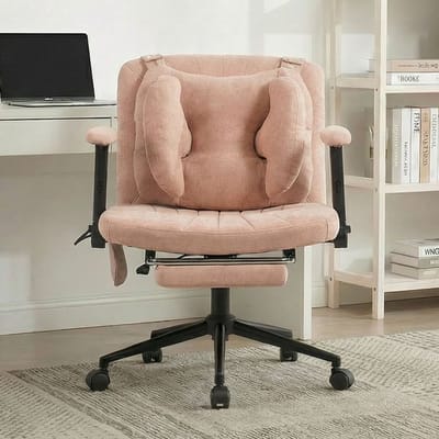 Ergonomische Bureaustoel - Met Lendesteun, Voetensteun en In Hoogte Verstelbaar - Zachte ademende stof - Opvouwbaar en draaibaar -Voor Thuiskantoor en Make-uptafel - roze