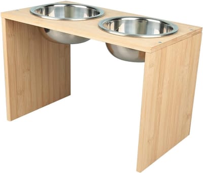 Verhoogde Voerbak voor Hond of Kat op Bamboe Standaard met 2 RVS Kommen