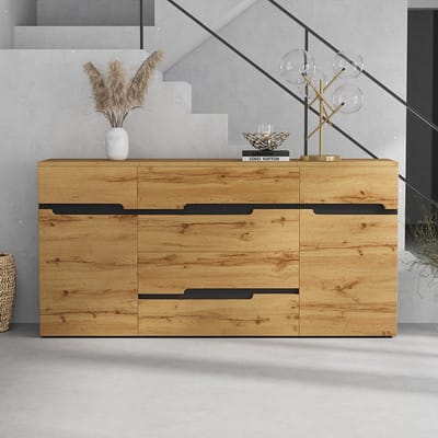 BLACKCOLORS 160*40*80 cm Salonkast, dressoirs Met 2 kastdeuren 4 lades, eetkamerkast, brede vakken zonder handgrepen, bijzetmeubel voor bank, kleur hout + zwart
